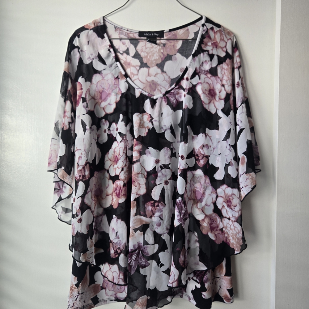 Elegant Floral Blouse - Black and Pink-Size XL
